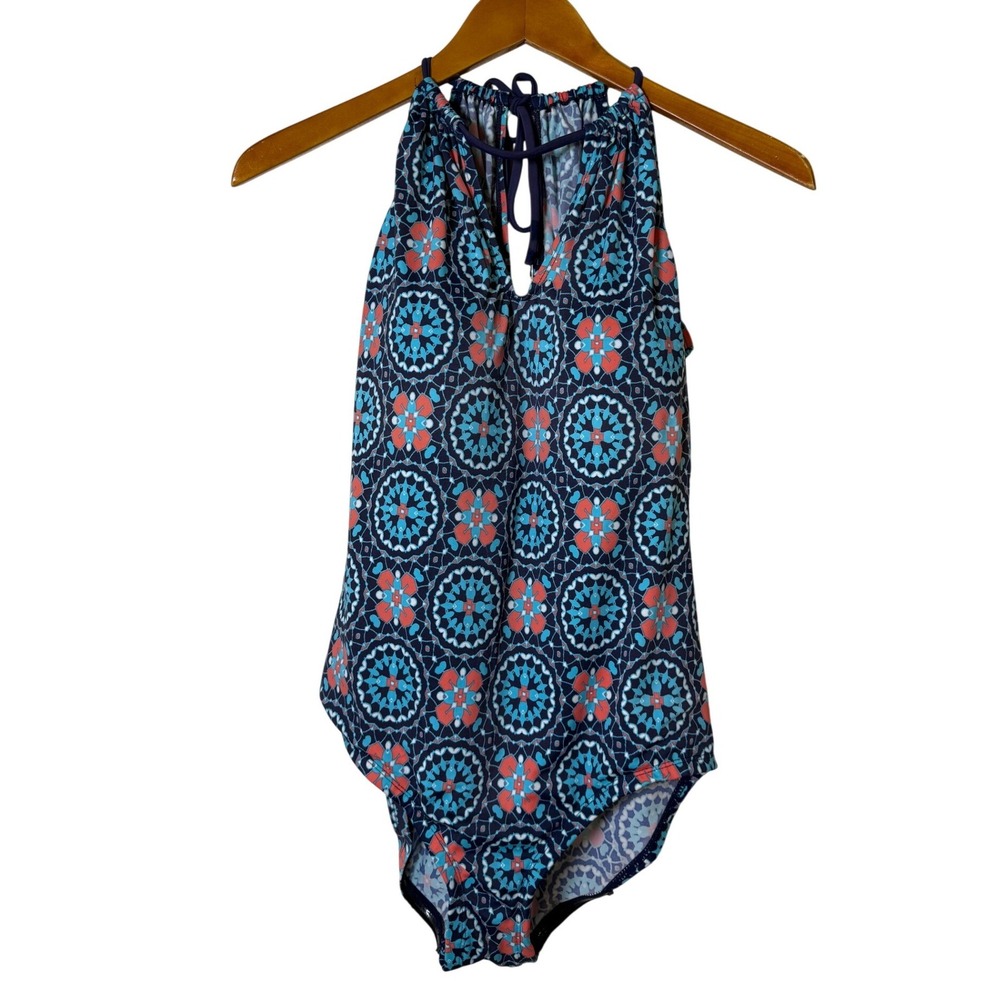 Gabar Women One Piece Swimsuit 12 Navy Blue Turquoise Tile Print Halter Boho